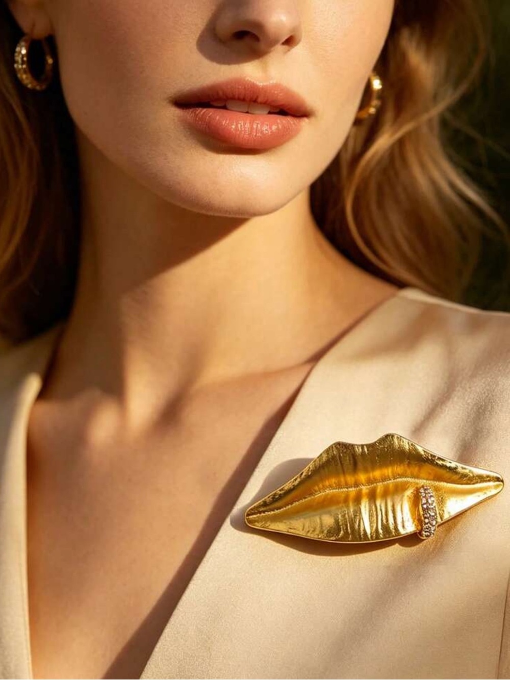 Sculptural Gold Lips Brooch Crystal Accent Couture Pin